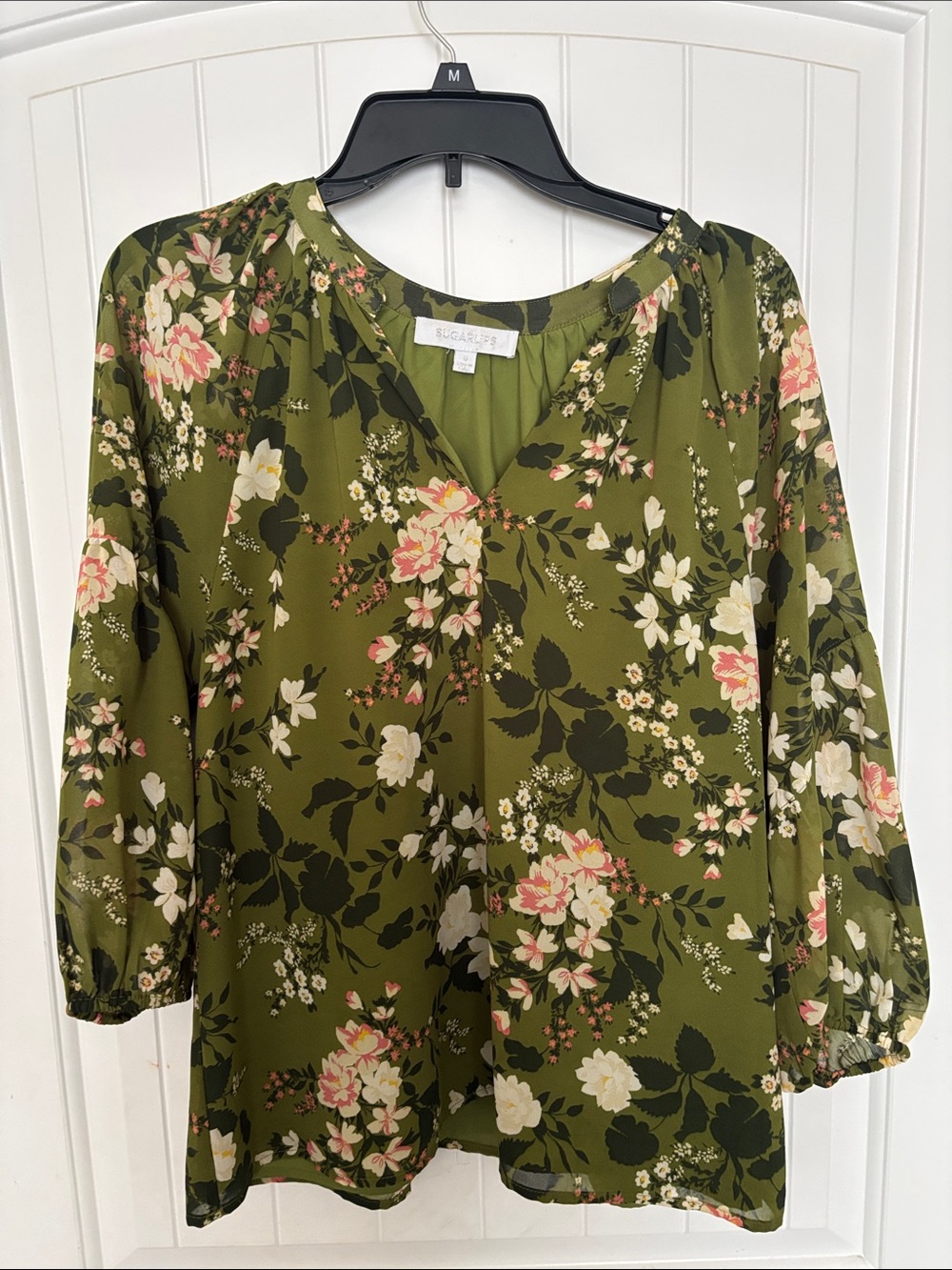 Sugarlips Olive Green Floral V-Neck Blouse